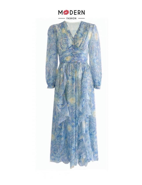 Summer chiffon Ruffle Detail Lantern Sleeves Long Maxi Dress